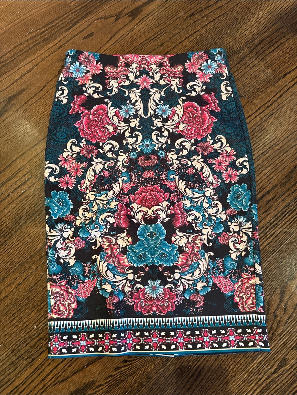 ECI Black Floral Print Pencil Skirt with Teal and Pink Accents